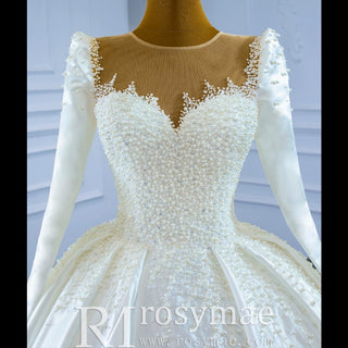 High Neck Satin Ball Gown Puffy Wedding Dress with Sheer Long Sleeves - Rosymae