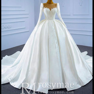 High Neck Satin Ball Gown Puffy Wedding Dress with Sheer Long Sleeves - Rosymae