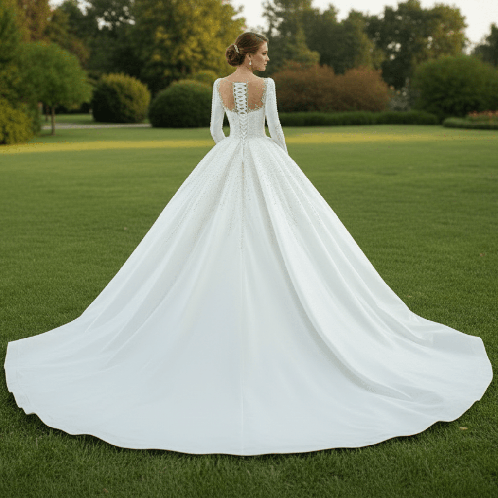 High Neck Satin Ball Gown Puffy Wedding Dress with Sheer Long Sleeves - Rosymae