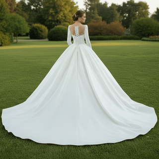 High Neck Satin Ball Gown Puffy Wedding Dress with Sheer Long Sleeves - Rosymae