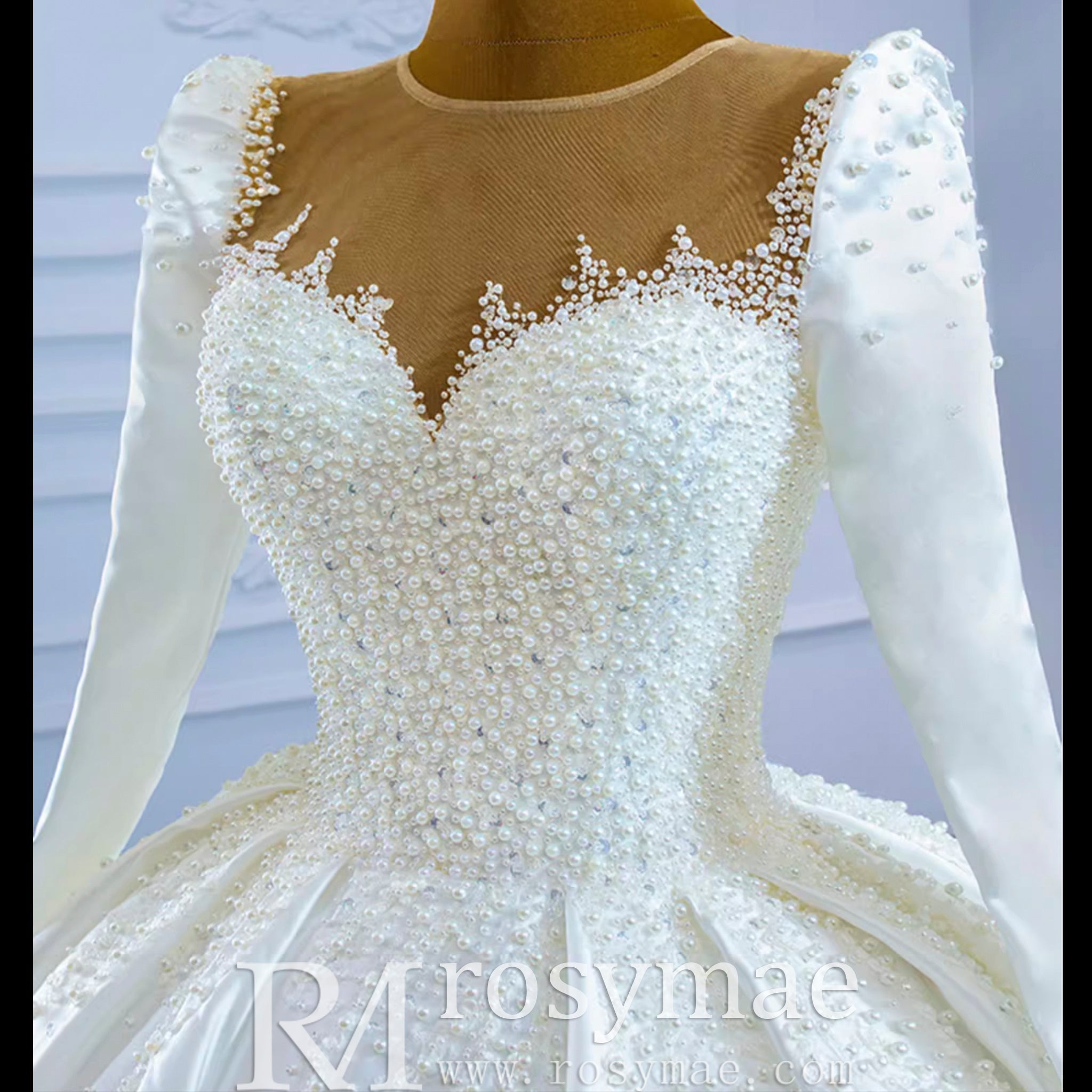High Neck Satin Ball Gown Puffy Wedding Dress with Sheer Long Sleeves - Rosymae