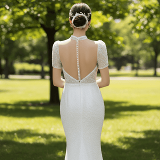 High Neck Sequin Wedding Dress Mermaid Bridal Gown Short Sleeve - Rosymae