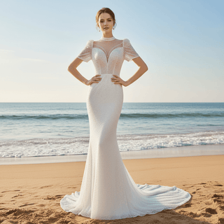 High Neck Sequin Wedding Dress Mermaid Bridal Gown Short Sleeve - Rosymae