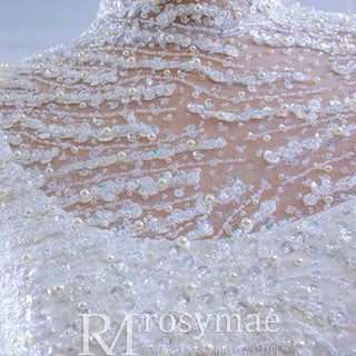 High Neck Sparkly Satin Muslim Wedding Dress Long Sleeve - Rosymae