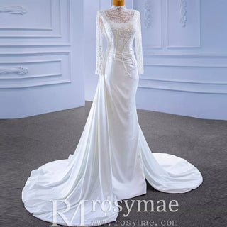 High Neck Sparkly Satin Muslim Wedding Dress Long Sleeve - Rosymae