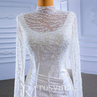 High Neck Sparkly Satin Muslim Wedding Dress Long Sleeve - Rosymae