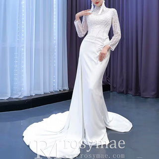 High Neck Sparkly Satin Muslim Wedding Dress Long Sleeve - Rosymae