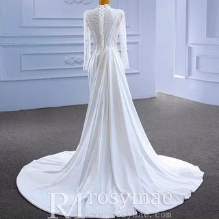 High Neck Sparkly Satin Muslim Wedding Dress Long Sleeve - Rosymae