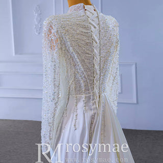 High Neck Sparkly Satin Muslim Wedding Dress Long Sleeve - Rosymae