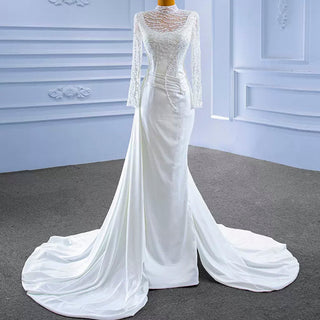 High Neck Sparkly Satin Muslim Wedding Dress Long Sleeve - Rosymae