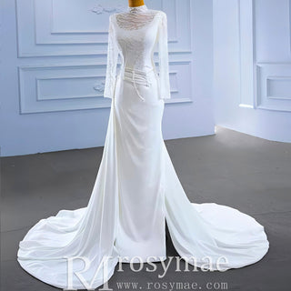 High Neck Sparkly Satin Muslim Wedding Dress Long Sleeve - Rosymae