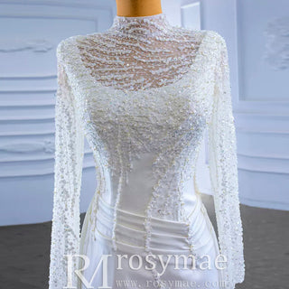 High Neck Sparkly Satin Muslim Wedding Dress Long Sleeve - Rosymae
