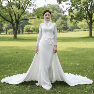 High Neck Sparkly Satin Muslim Wedding Dress Long Sleeve - Rosymae