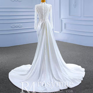 High Neck Sparkly Satin Muslim Wedding Dress Long Sleeve - Rosymae
