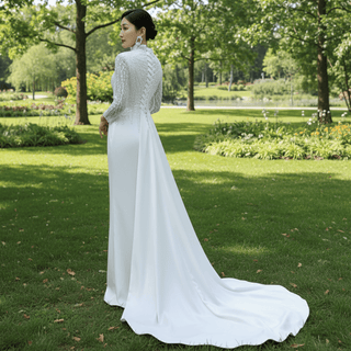 High Neck Sparkly Satin Muslim Wedding Dress Long Sleeve - Rosymae