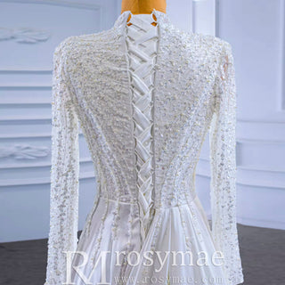 High Neck Sparkly Satin Muslim Wedding Dress Long Sleeve - Rosymae