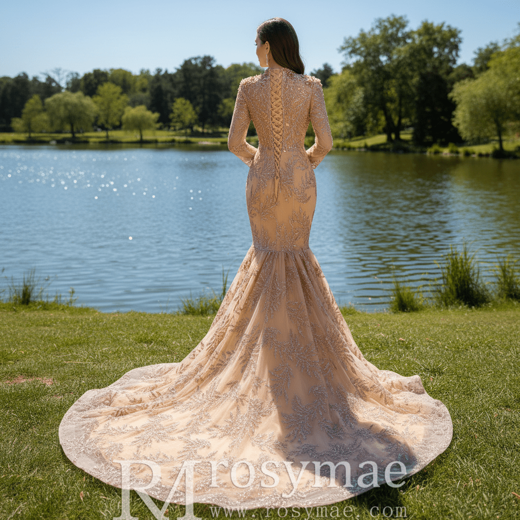 High Neck Three Quarter Sleeve Champagne Gold Prom Dress Evening Gown