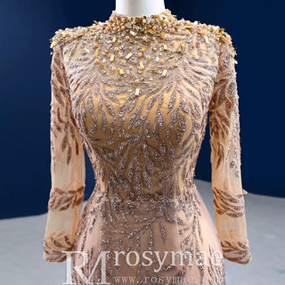 High Neck Three Quarter Sleeve Champagne Gold Prom Dress Evening Gown - Rosymae