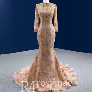 High Neck Three Quarter Sleeve Champagne Gold Prom Dress Evening Gown - Rosymae