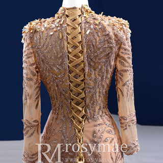 High Neck Three Quarter Sleeve Champagne Gold Prom Dress Evening Gown - Rosymae