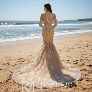 High Neck Three Quarter Sleeve Champagne Gold Prom Dress Evening Gown - Rosymae