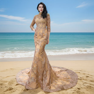 High Neck Three Quarter Sleeve Champagne Gold Prom Dress Evening Gown - Rosymae