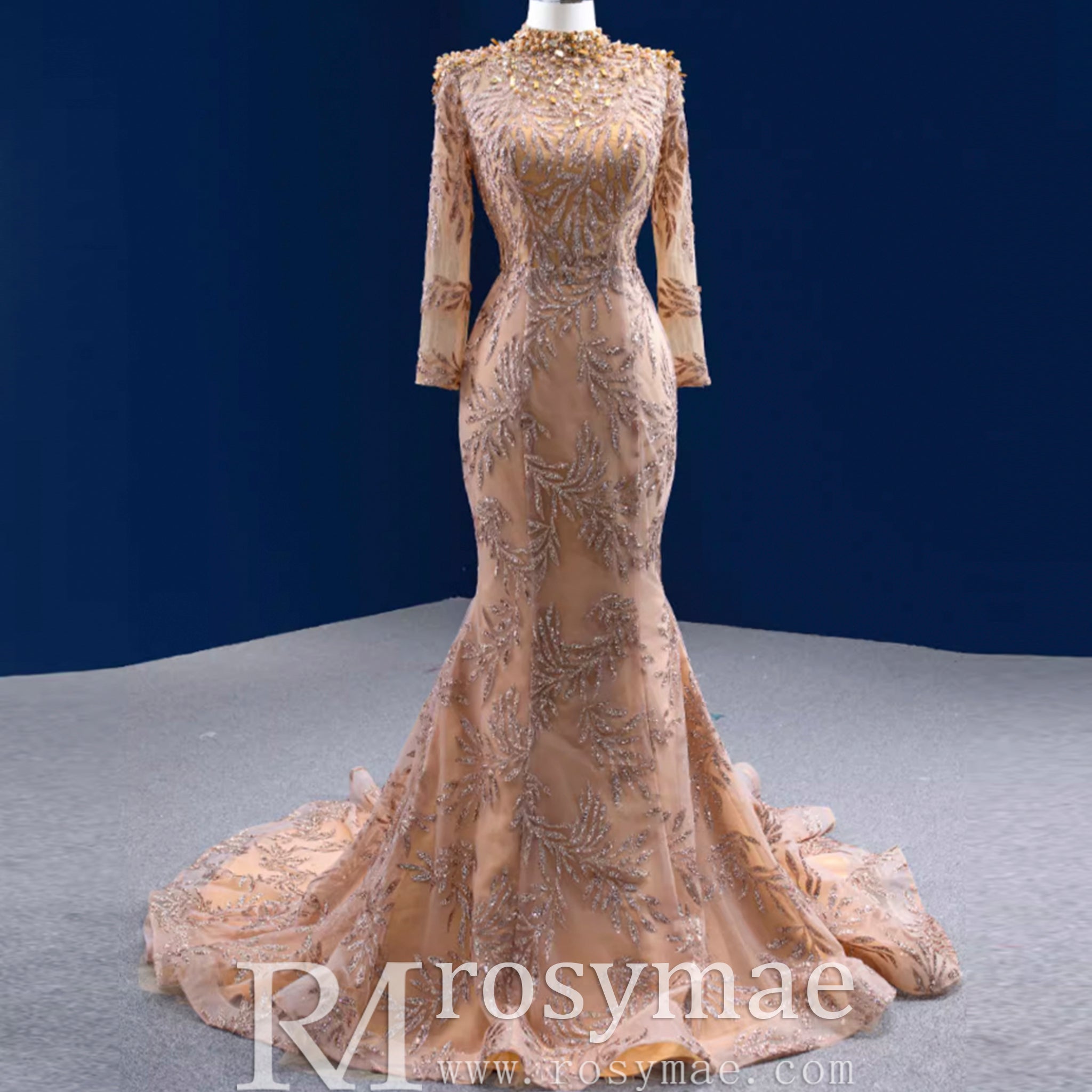 High Neck Three Quarter Sleeve Champagne Gold Prom Dress Evening Gown – Rosymae