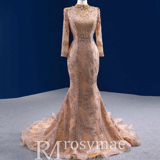High Neck Three Quarter Sleeve Champagne Gold Prom Dress Evening Gown - Rosymae