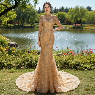 High Neck Three Quarter Sleeve Champagne Gold Prom Dress Evening Gown - Rosymae