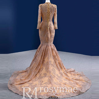 High Neck Three Quarter Sleeve Champagne Gold Prom Dress Evening Gown - Rosymae