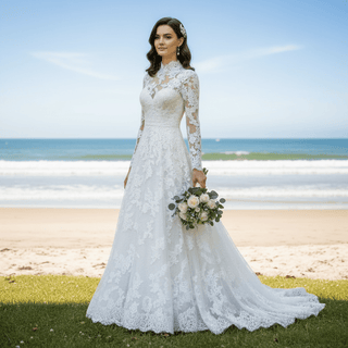 High Neck Tulle Lace Wedding Dress with Long Sleeve - Rosymae