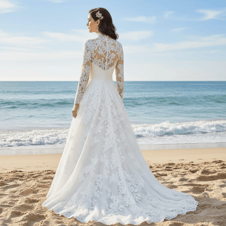 High Neck Tulle Lace Wedding Dress with Long Sleeve - Rosymae