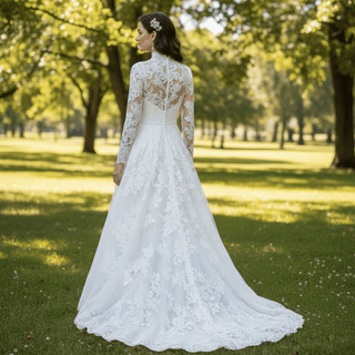High Neck Tulle Lace Wedding Dress with Long Sleeve - Rosymae