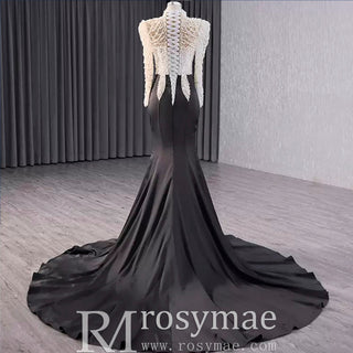 High Neck Two Tone White Black Mermaid Beading Pearl Evening Dresses - Rosymae