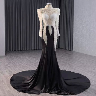 High Neck Two Tone White Black Mermaid Beading Pearl Evening Dresses - Rosymae