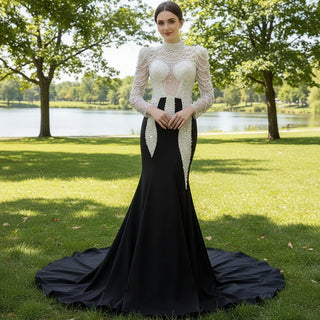 High Neck Two Tone White Black Mermaid Beading Pearl Evening Dresses - Rosymae