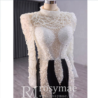 High Neck Two Tone White Black Mermaid Beading Pearl Evening Dresses - Rosymae
