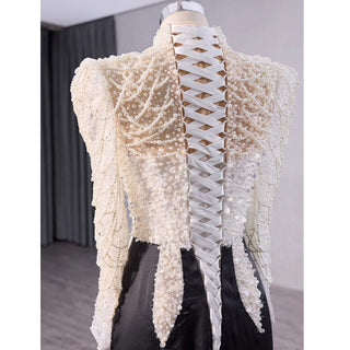 High Neck Two Tone White Black Mermaid Beading Pearl Evening Dresses - Rosymae