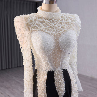 High Neck Two Tone White Black Mermaid Beading Pearl Evening Dresses - Rosymae