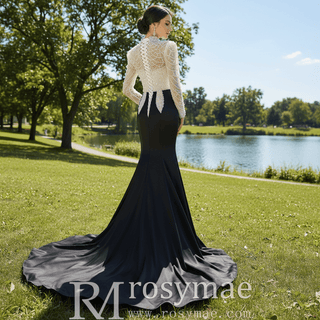 High Neck Two Tone White Black Mermaid Beading Pearl Evening Dresses - Rosymae