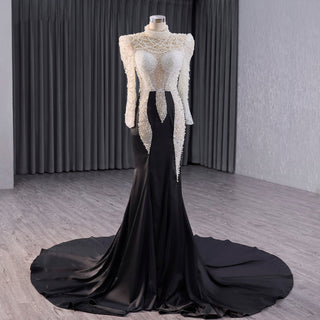 High Neck Two Tone White Black Mermaid Beading Pearl Evening Dresses - Rosymae