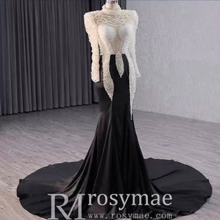 High Neck Two Tone White Black Mermaid Beading Pearl Evening Dresses - Rosymae