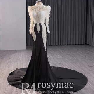 High Neck Two Tone White Black Mermaid Beading Pearl Evening Dresses - Rosymae