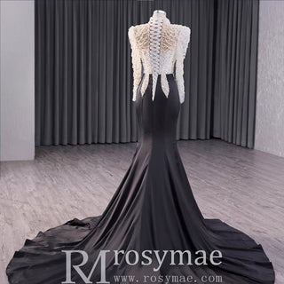 High Neck Two Tone White Black Mermaid Beading Pearl Evening Dresses - Rosymae