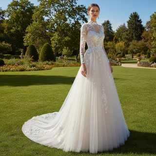 High Neck Lace and Tule A-line Wedding Dress with Long Sleeve