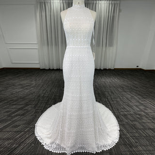 Lace Mermaid Wedding Dress with A High Neck and Keyhole Back
