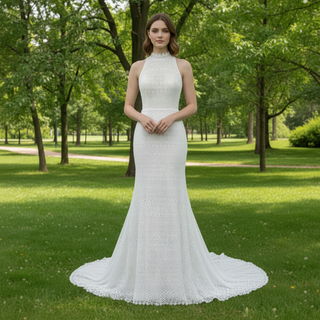 Elegant Lace Mermaid Wedding Dress with A Halter and Open Back