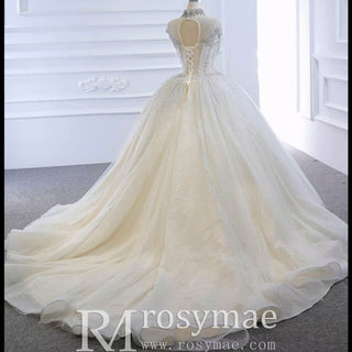 High O-neck Sparkly Ball Gown Wedding Dress with Keyhole Back - Rosymae
