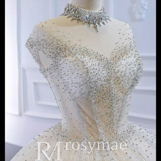 High O-neck Sparkly Ball Gown Wedding Dress with Keyhole Back - Rosymae