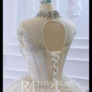 High O-neck Sparkly Ball Gown Wedding Dress with Keyhole Back - Rosymae